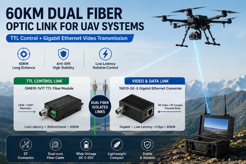 최신 회사 사례 60KM Dual Fiber Optic Link for UAV Systems: TTL Control + Gigabit Ethernet Video Transmission
