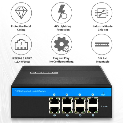 기가비트 산업용 관리되지 않은 PoE 미디어 변환기 8 포트 120W 240W DC48V 출력