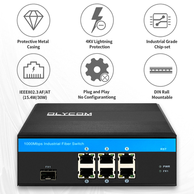 기가비트 관리되지 않은 광섬유 스위치 180W 액티브 POE Din Rail IP 카메라