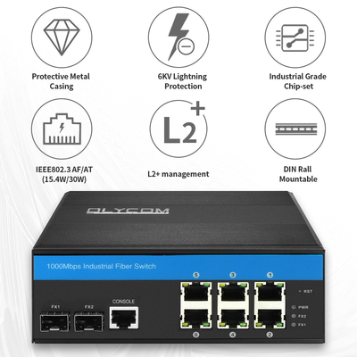 6 Rj45 8 항구 기가비트에 광학적인 2는 산업적 포 스위치 L2 딘 레일을 관리했습니다