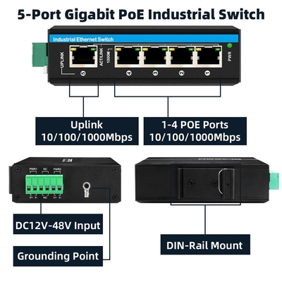5 포트 기가비트 전압 부스터 12-48VDC 입력 산업 Poe 네트워크 스위치