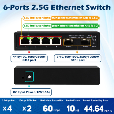 6 포트 10g 섬유 이더넷 스위치 4* 2.5G RJ45 + 2* 10G SFP+ 지원 OEM/ODM