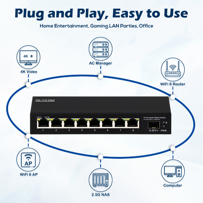 9 포트 관리되지 않은 2.5G 이더넷 스위치와 10G 업링크 SFP 포트 60Gbps 백플레인 대역폭