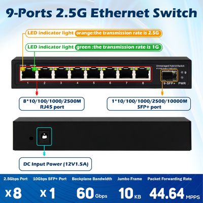9 포트 관리되지 않은 2.5G 이더넷 스위치와 10G 업링크 SFP 포트 60Gbps 백플레인 대역폭