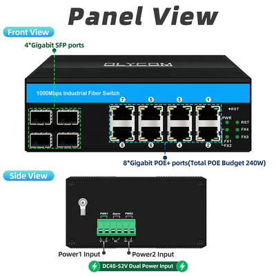 8포트 기가비트 포 스위치 산업 이더넷 스위치 4SFP+8RJ45 DC48V 듀얼 전원 입력