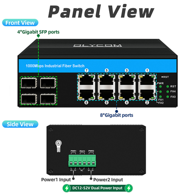 12 포트 산업 이더넷 스위치 Din 네트워크 스위치 4SFP+8RJ45 DC12-52V 듀얼 전원 공급